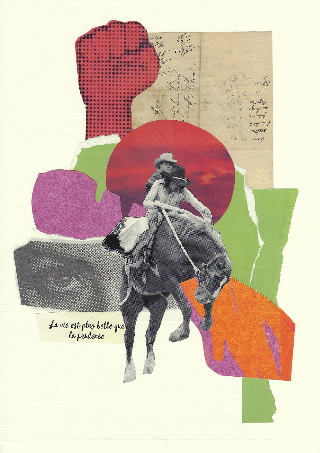 Affiche encadrée montrant un cavalier au centre, couleurs rouges, vertes et violettes.