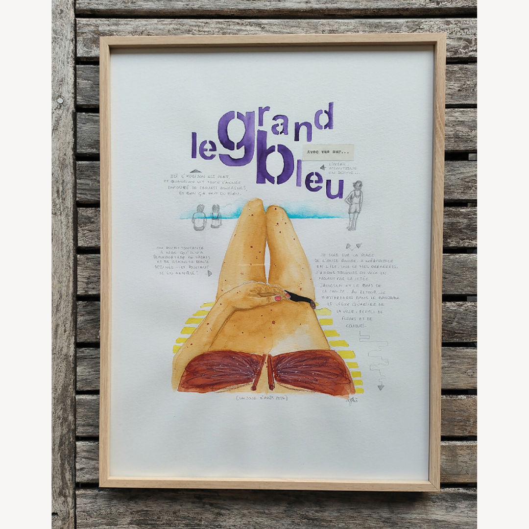Affiche encadrée avec illustration de jambes et livre, texte violet