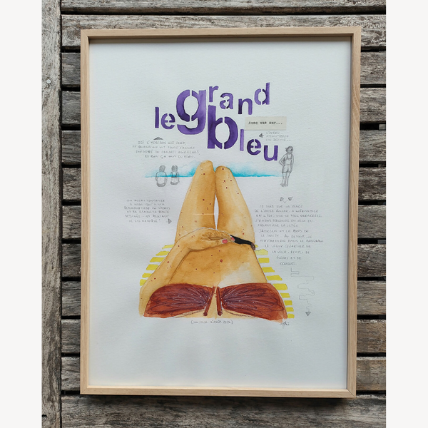 Affiche encadrée avec illustration de jambes et livre, texte violet