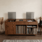 Meuble en bois pour vinyles avec panneaux transparents et bacs ouverts