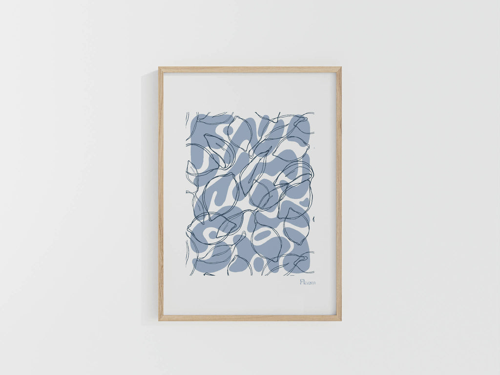 Tirage A4 encadré en bois, illustration abstraite bleue, vue de face.