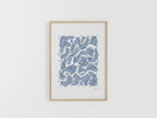 Tirage A4 encadré en bois, illustration abstraite bleue, vue de face.