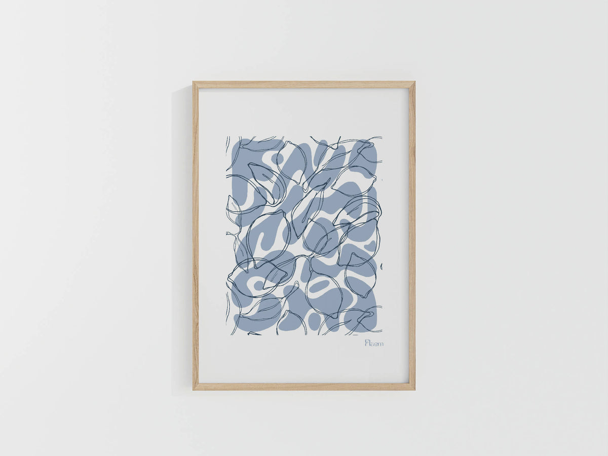 Tirage A4 encadré en bois, illustration abstraite bleue, vue de face.