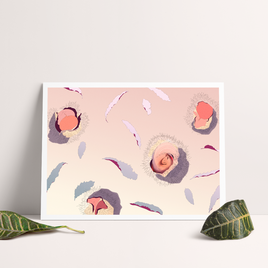 Affiche encadrée avec motif abstrait pastel, feuilles vertes au premier plan