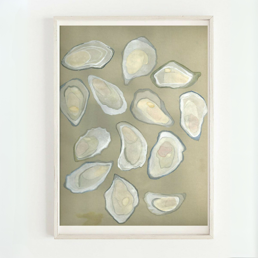 Affiche d’huîtres pastel dans un cadre, coquilles aux tons beige et vert clair