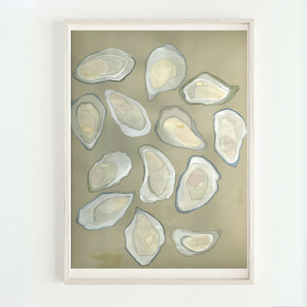 Affiche d’huîtres pastel dans un cadre, coquilles aux tons beige et vert clair