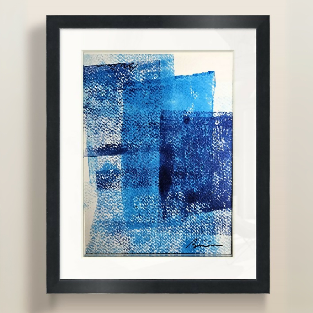 Tableau abstrait bleu encadré, motifs texturés en dégradés