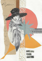 Affiche encadrée noire, collage femme au chapeau et texte « LIKE OIL OVER WATER »
