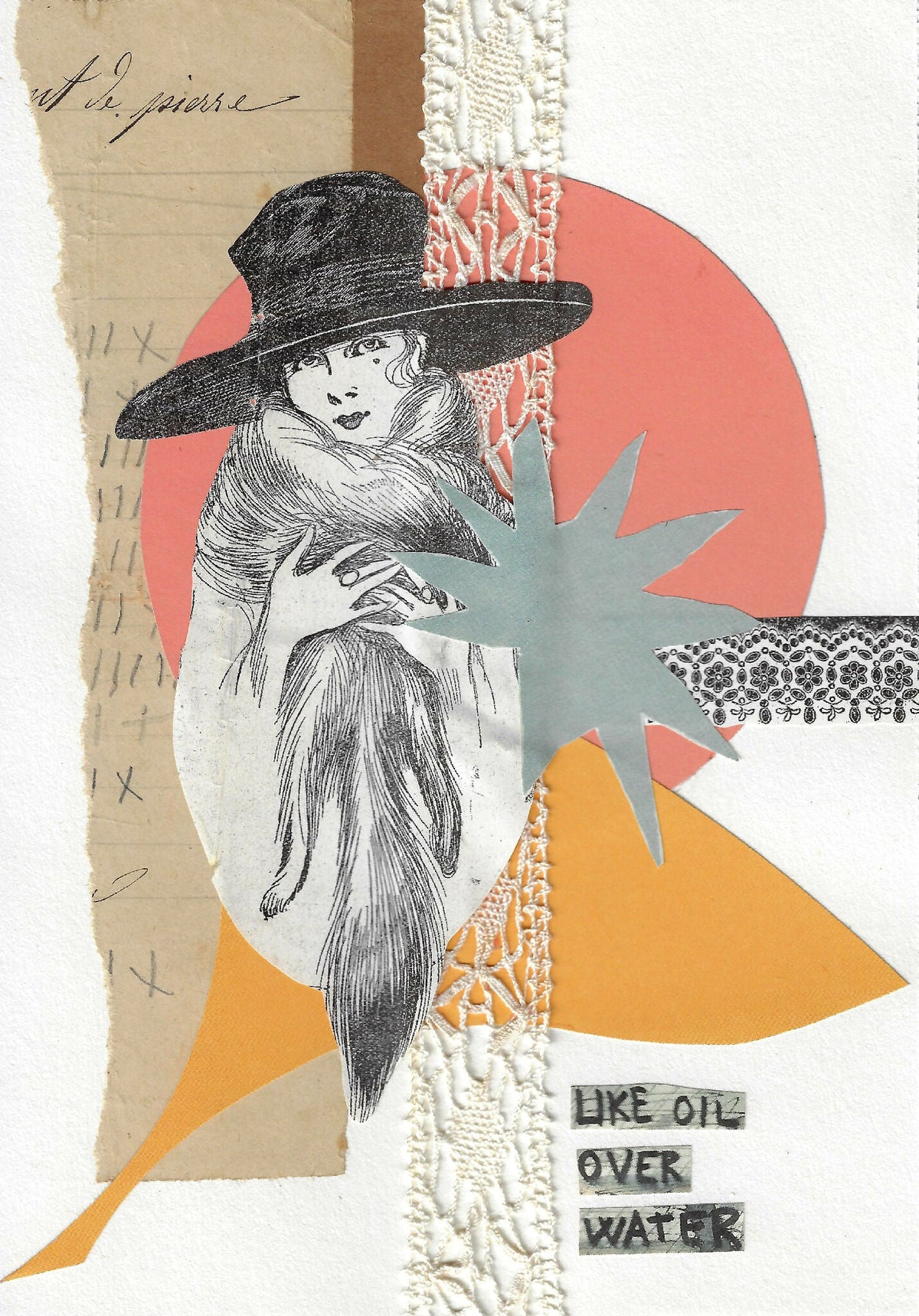 Affiche encadrée noire, collage femme au chapeau et texte « LIKE OIL OVER WATER »