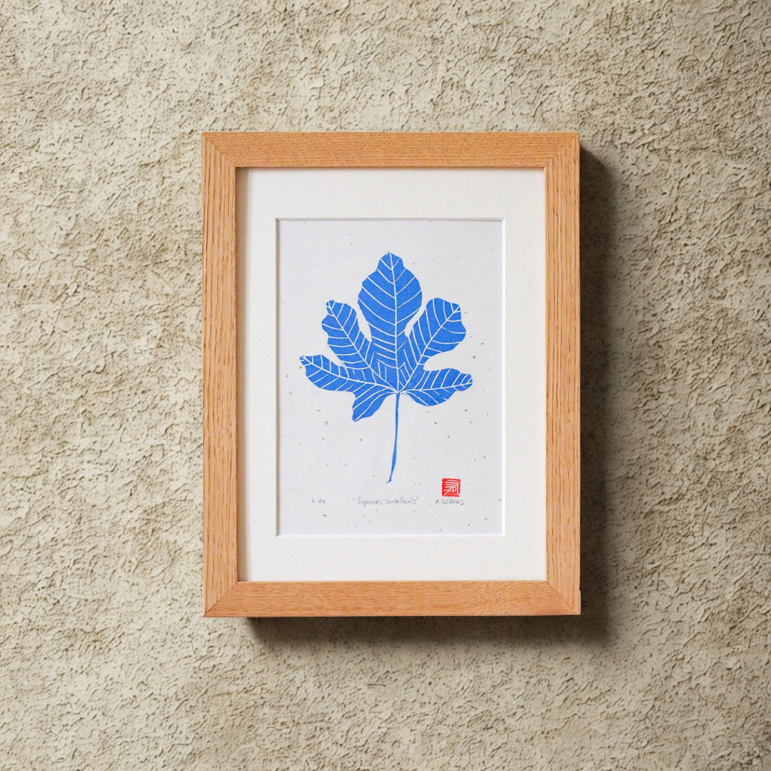Gravure sur papier washi encadrée, figure de figuier aux feuilles bleues