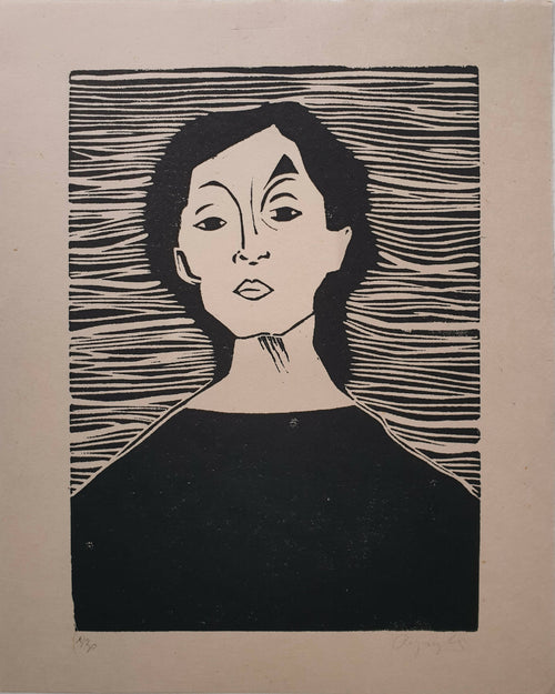 Affiche encadrée portrait de femme noir et crème, lignes gravées horizontales