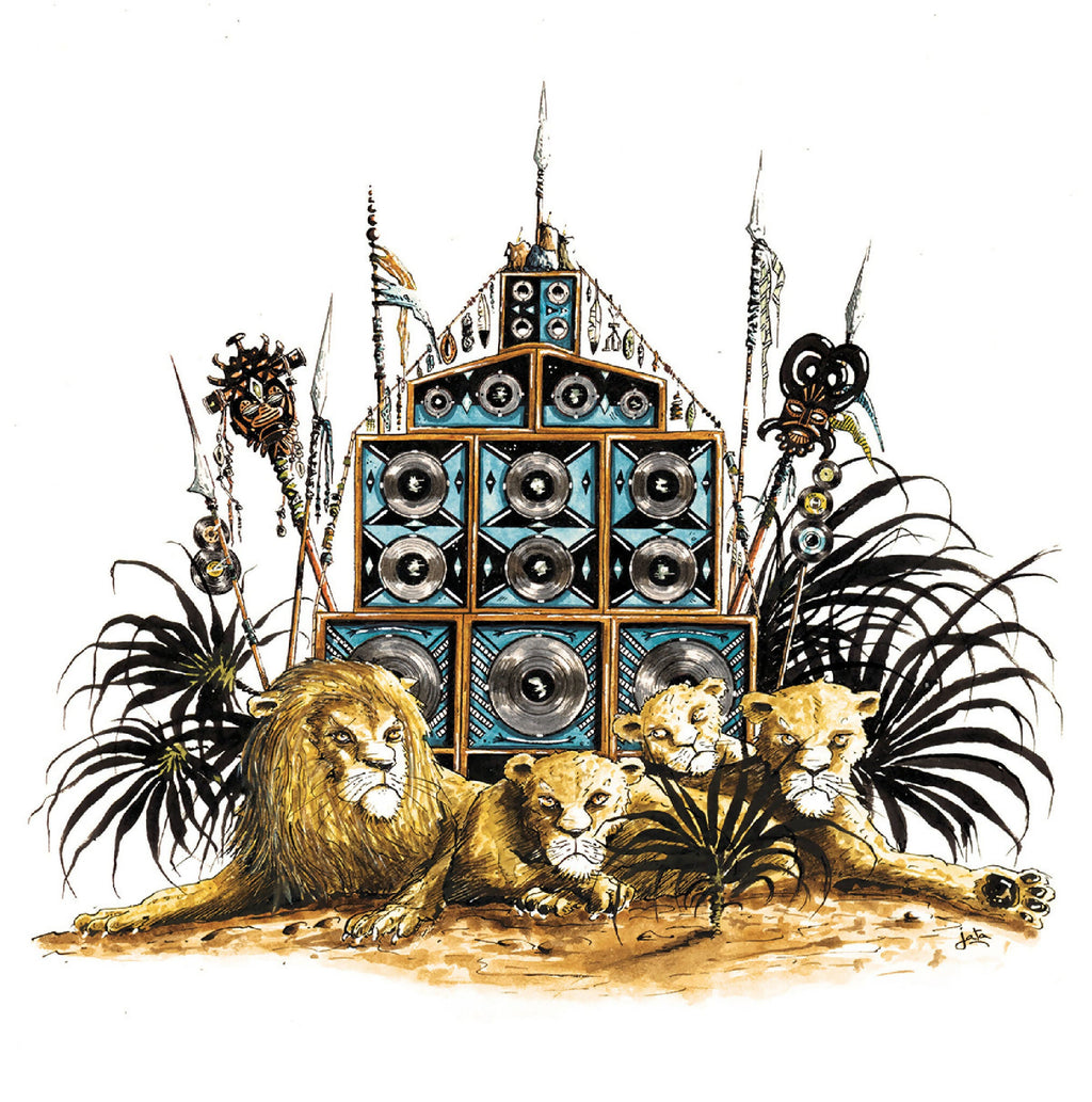 Tableau Lion Arena 50x50 cm : scène de lions avec grand temple bleu et détails noirs