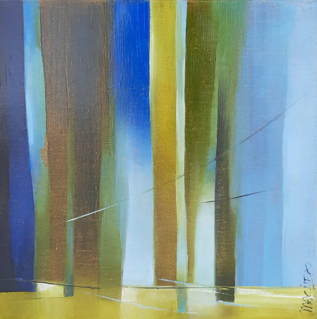 Tableau abstrait encadré, lignes verticales bleu, vert et jaune