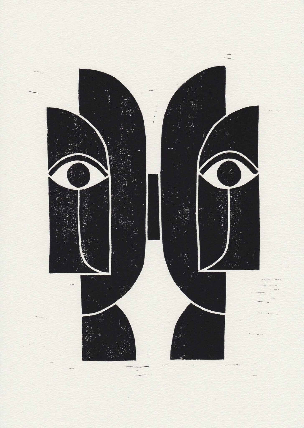 Linogravure « Sœurs Jumelles » : visages abstraits noirs, yeux clairs sur papier