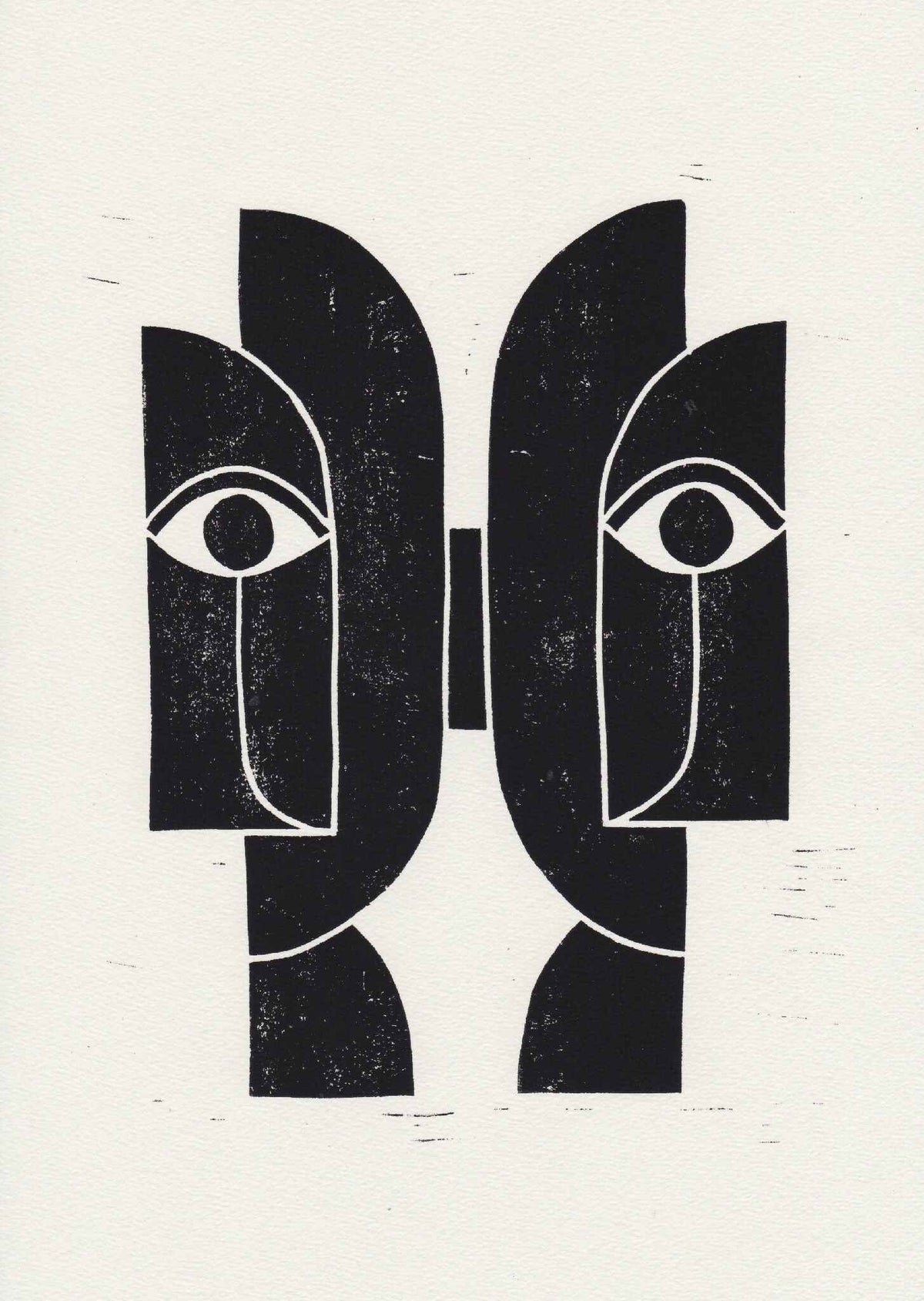 Linogravure « Sœurs Jumelles » : visages abstraits noirs, yeux clairs sur papier