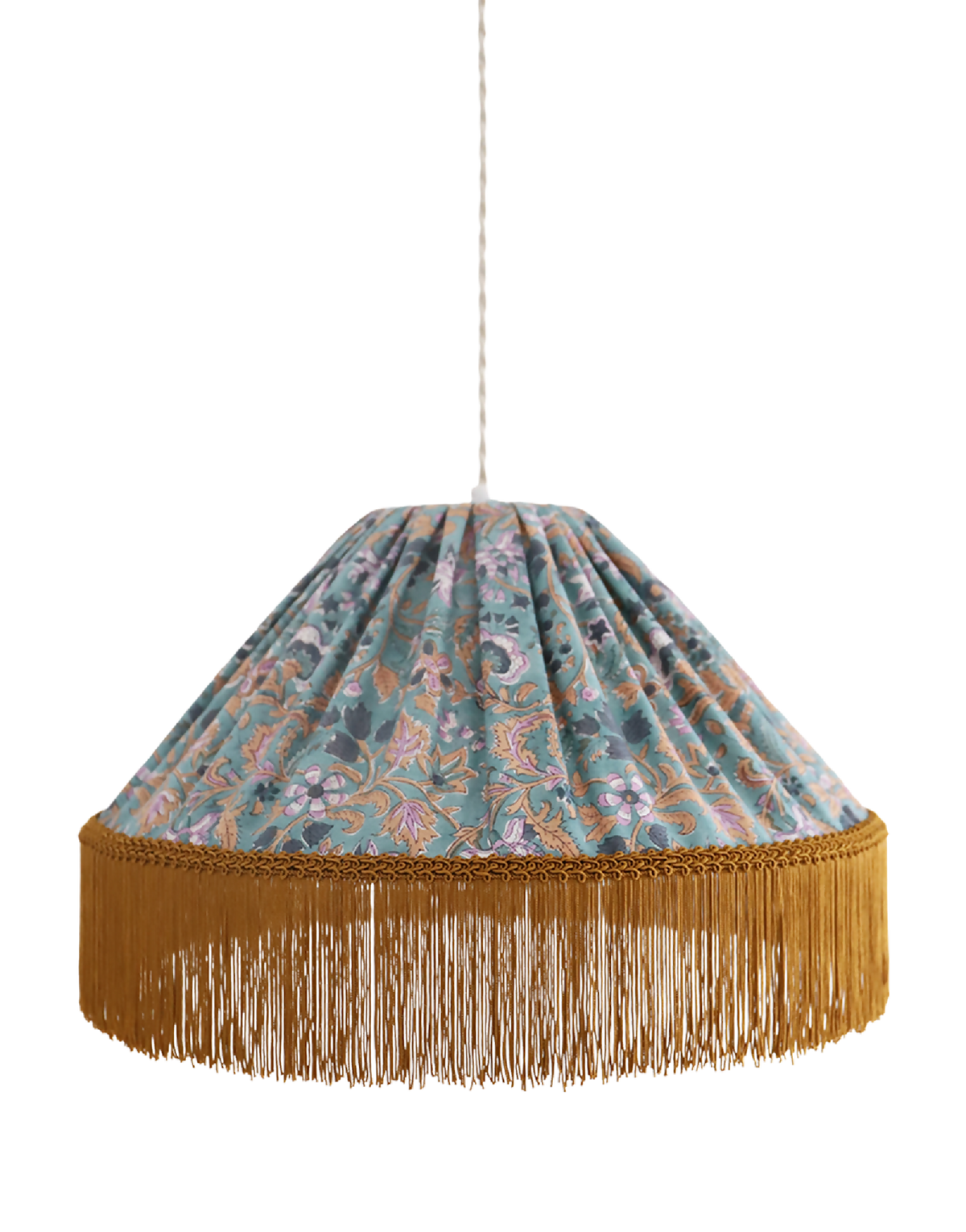 Suspension conique en tissu imprimé bleu-vert, franges dorées et abat-jour plissé