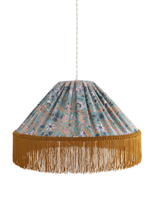 Suspension conique en tissu imprimé bleu-vert, franges dorées et abat-jour plissé