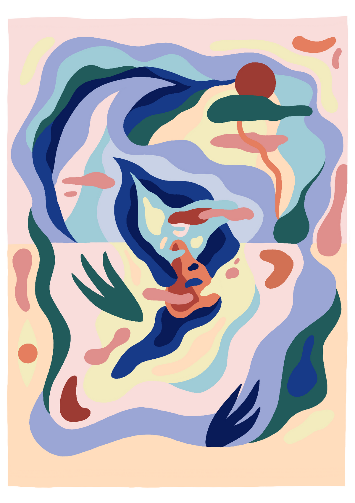 Impression artistique sur papier, visage abstrait aux couleurs bleu, vert et rose.