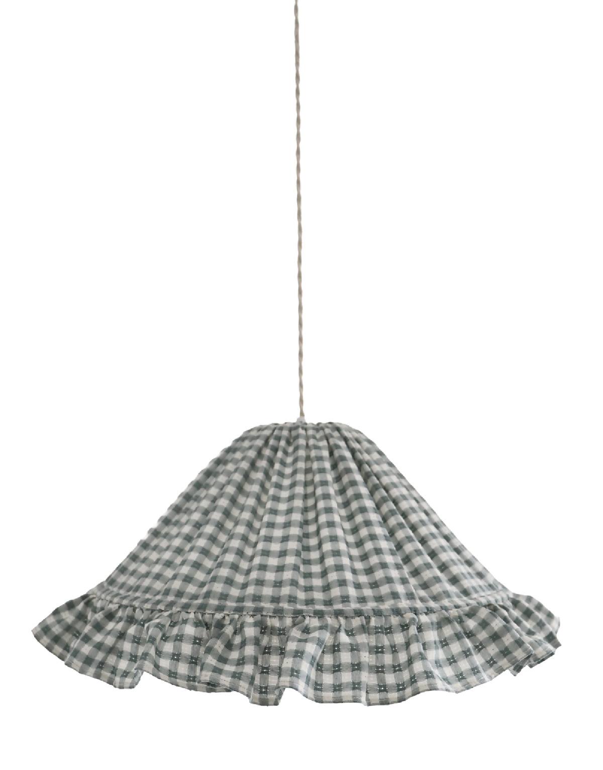 Suspension conique avec volant, abat-jour à petits carreaux vert en tissu.
