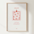 Affiche encadrée avec illustration rouge et texte « Une pluie de lettres d’amour ».