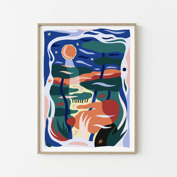 Illustration encadrée abstraite aux visages, tons bleu, orange et vert