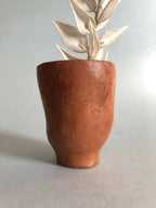 Petit pot haut en terre cuite avec tige et feuilles de plante décoratives.