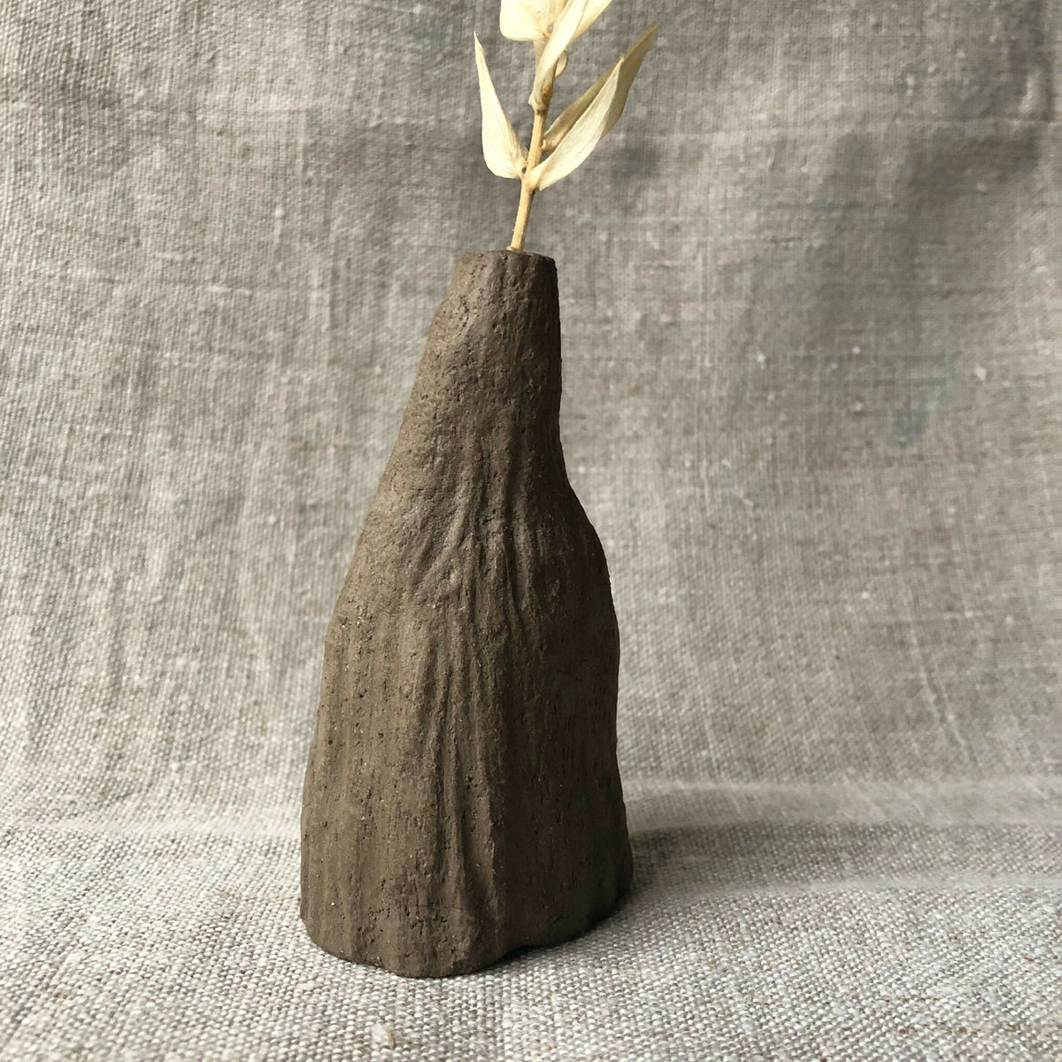 Petit vase conique rainuré, herbes sèches beiges en bouquet sur tige