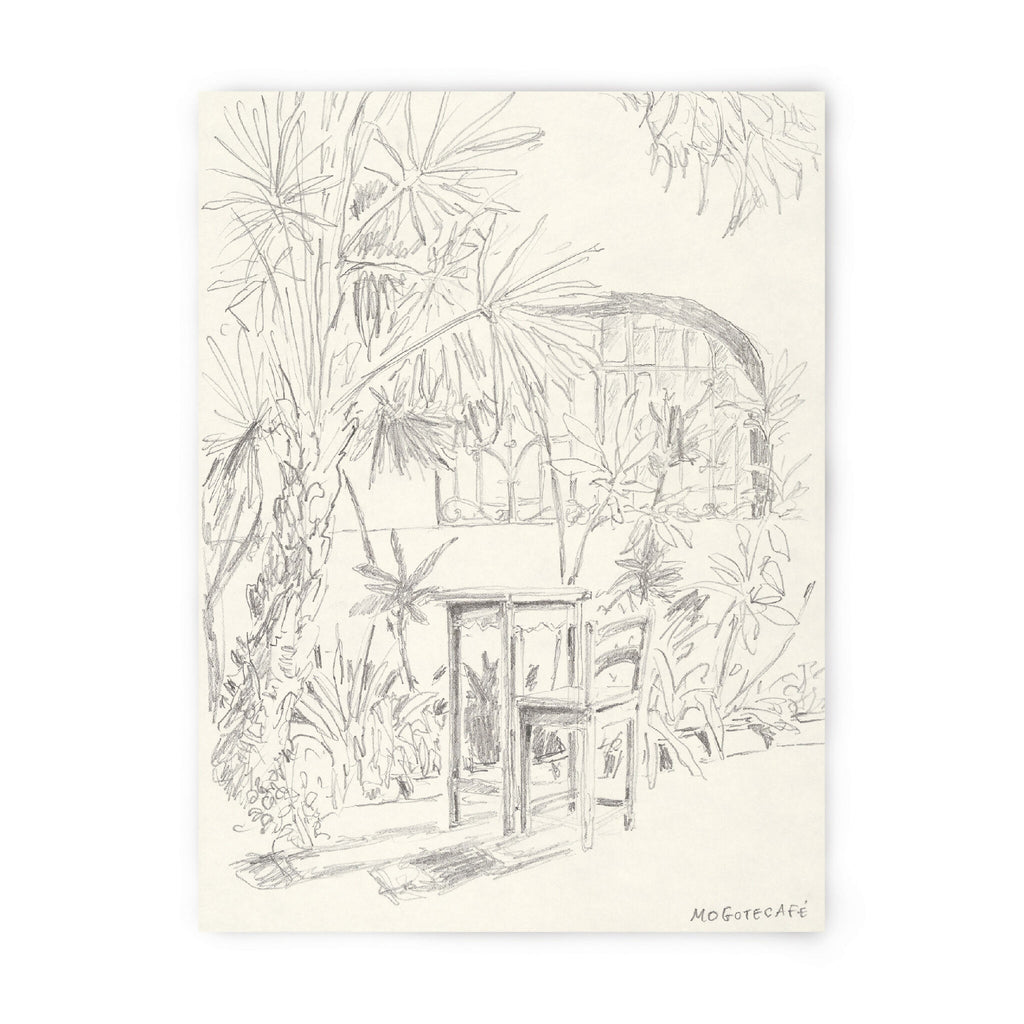 Tirage d’art numéroté et signé, dessin au trait d’une maison sous palmiers