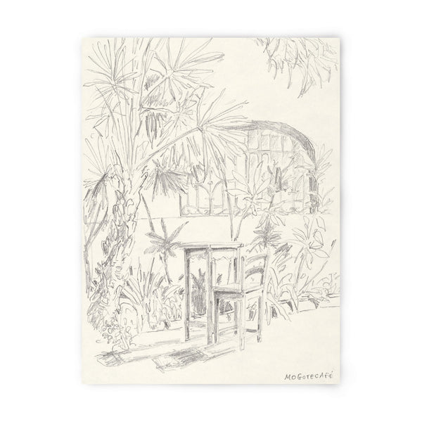 Tirage d’art numéroté et signé, dessin au trait d’une maison sous palmiers