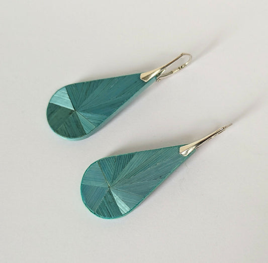 Boucles d'oreilles Gouttes avec marqueterie de paille Turquoise - crochets argent