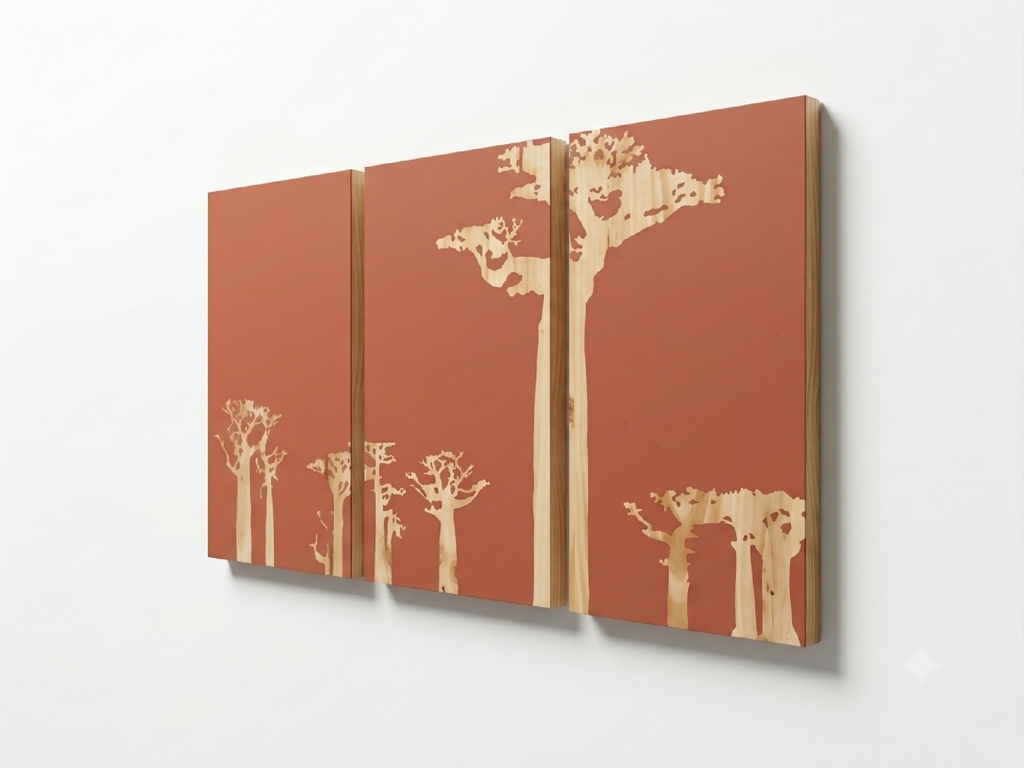 Triptyque mural de trois tableaux rouge brique aux silhouettes d’arbres baobabs