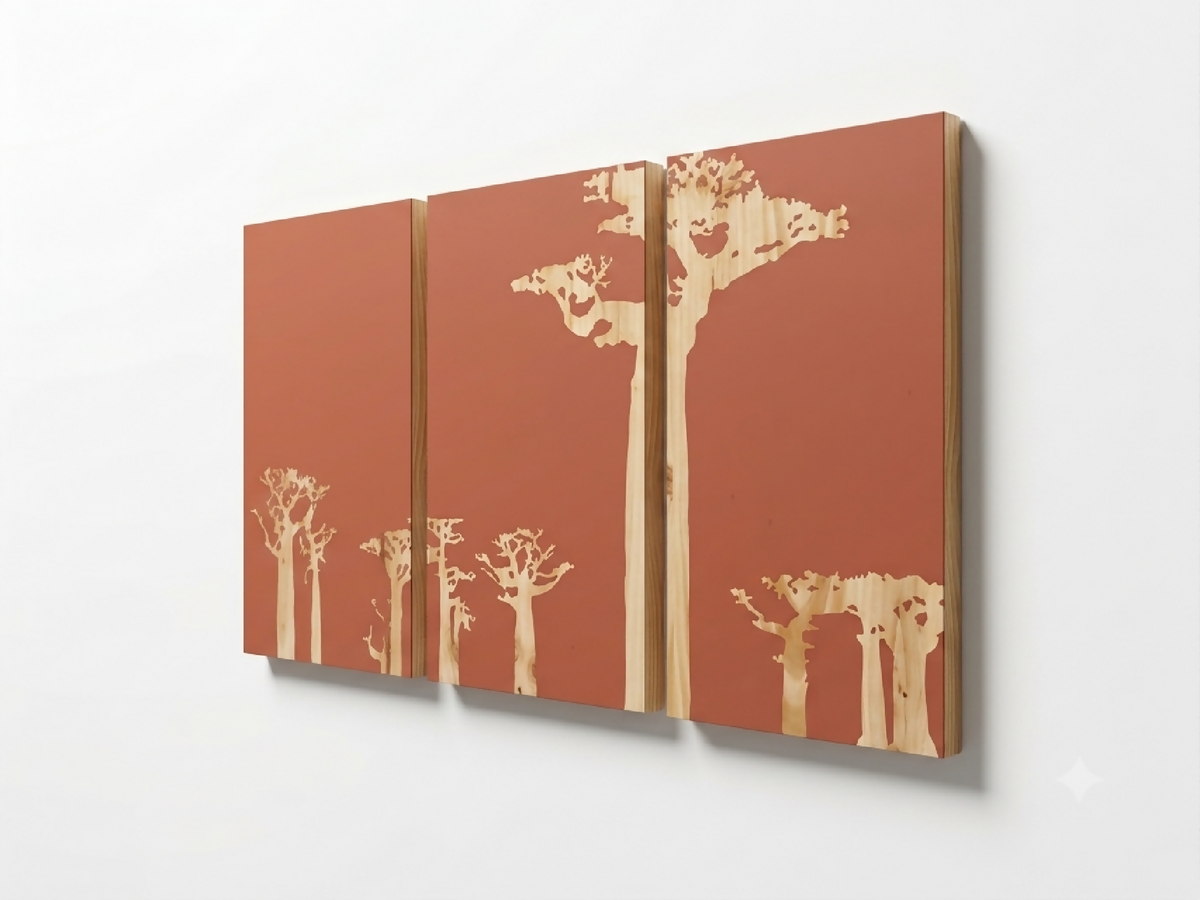 Triptyque mural de trois tableaux rouge brique aux silhouettes d’arbres baobabs