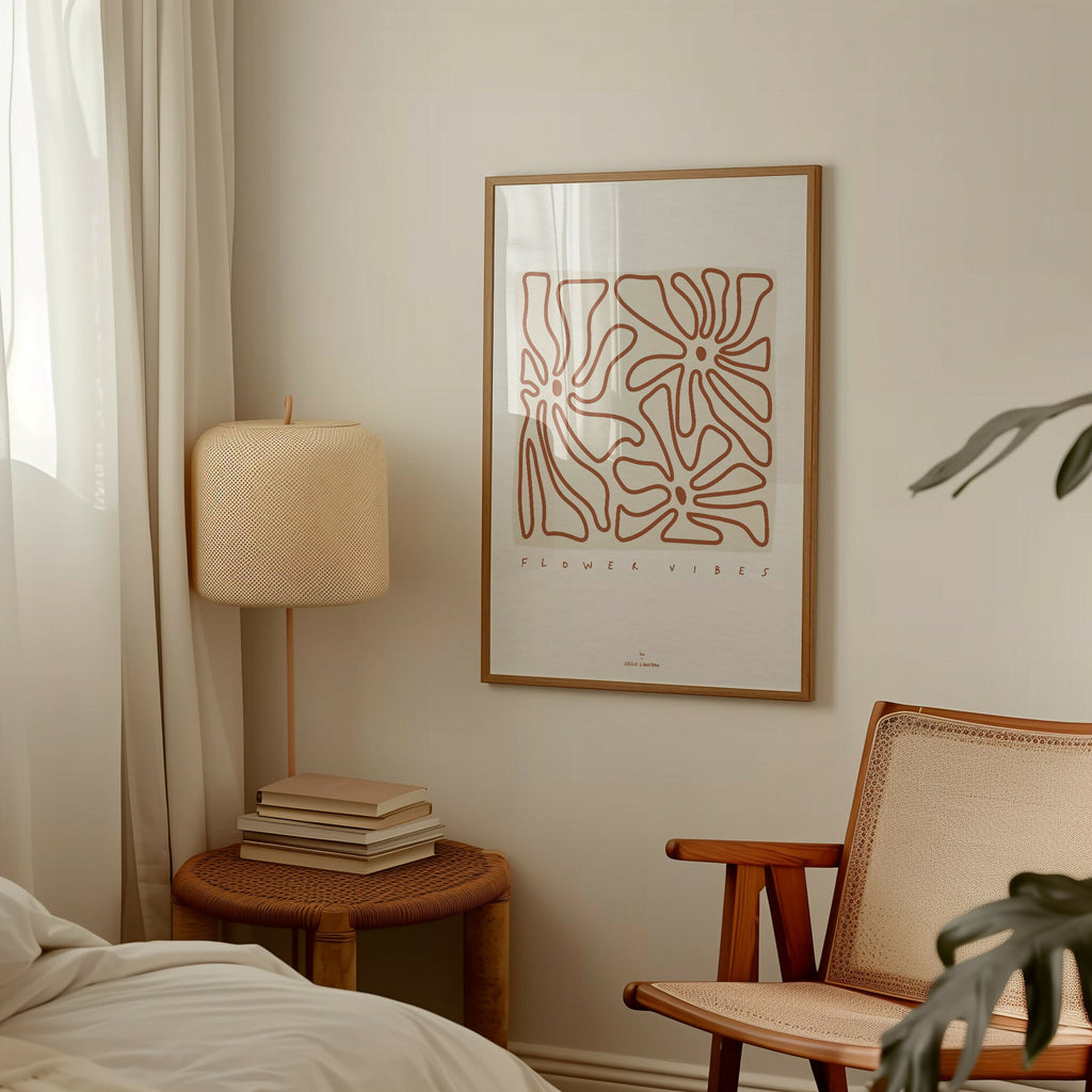 Affiche A4 encadrée : fleurs au trait terracotta et texte « FLOWER VIBES »