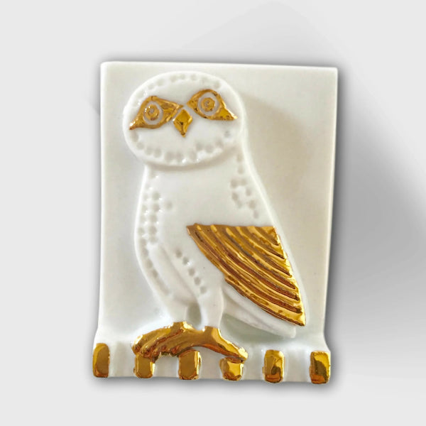 Boîte à bijoux blanche en céramique, motif chouette dorée avec ailes et pattes