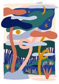 Affiche abstraite sans cadre, grandes formes bleu nuit, vert et orange, croissant et étoiles.