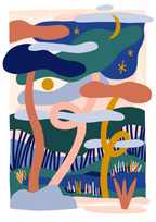 Affiche abstraite sans cadre, grandes formes bleu nuit, vert et orange, croissant et étoiles.