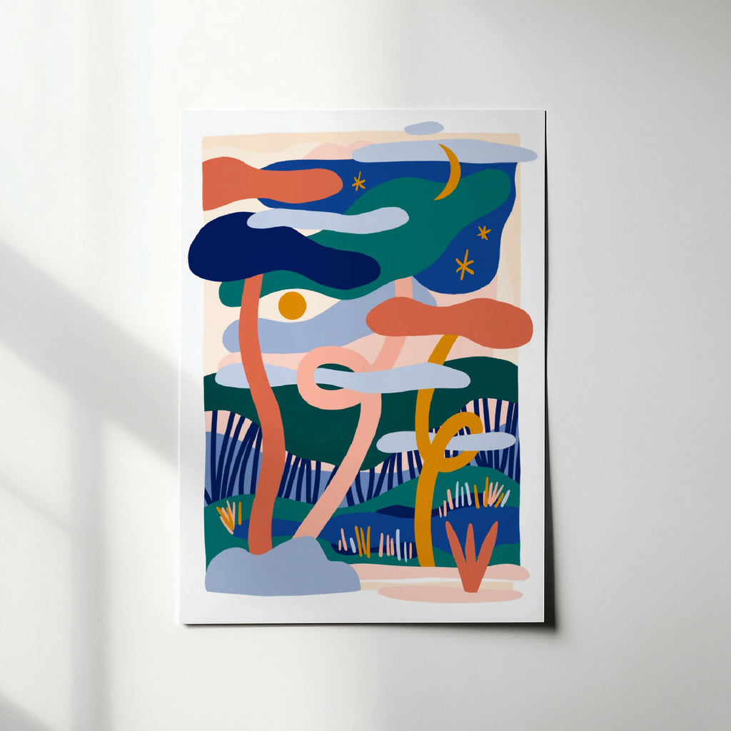 Affiche encadrée rectangulaire, composition abstraite bleu, vert et orange avec croissant de lune.