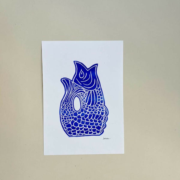 Linogravure A5 sur fond blanc, hibou stylisé bleu ultramarine.