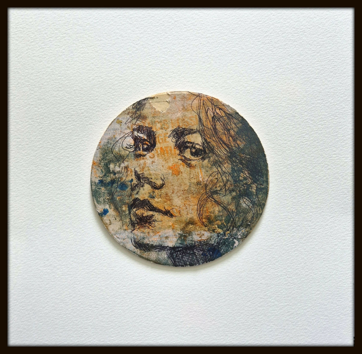 Tableau original Rossignol : portrait circulaire abstrait encadré