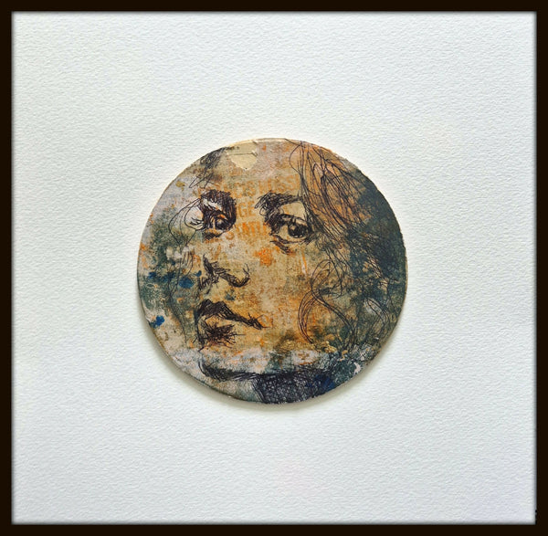 Tableau original Rossignol : portrait circulaire abstrait encadré