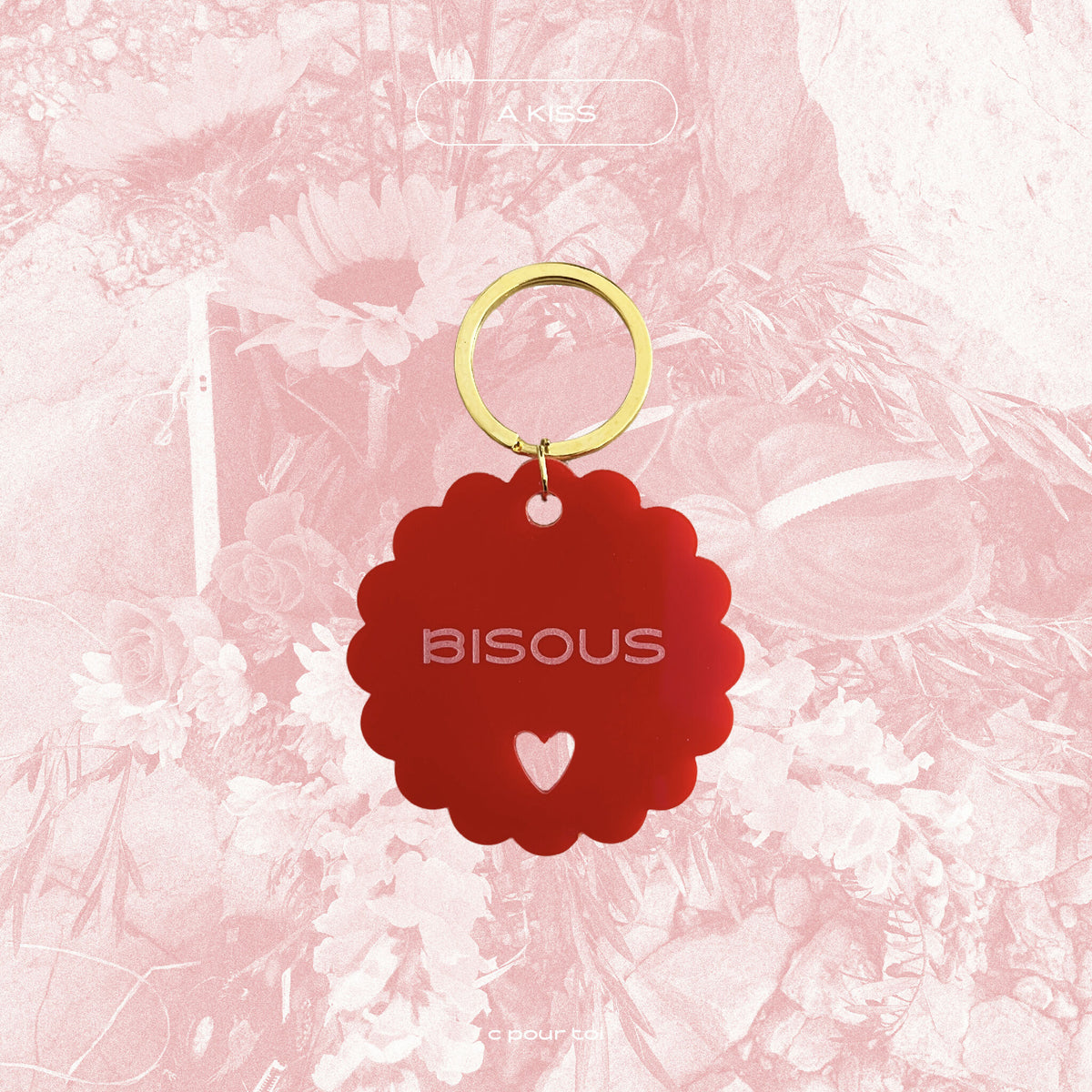 Porte-clés fleur rouge BISOUS, anneau doré et cœur en relief