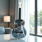 Guitare « Saphir » décorée bleu turquoise, vue de face avec manche et cordes
