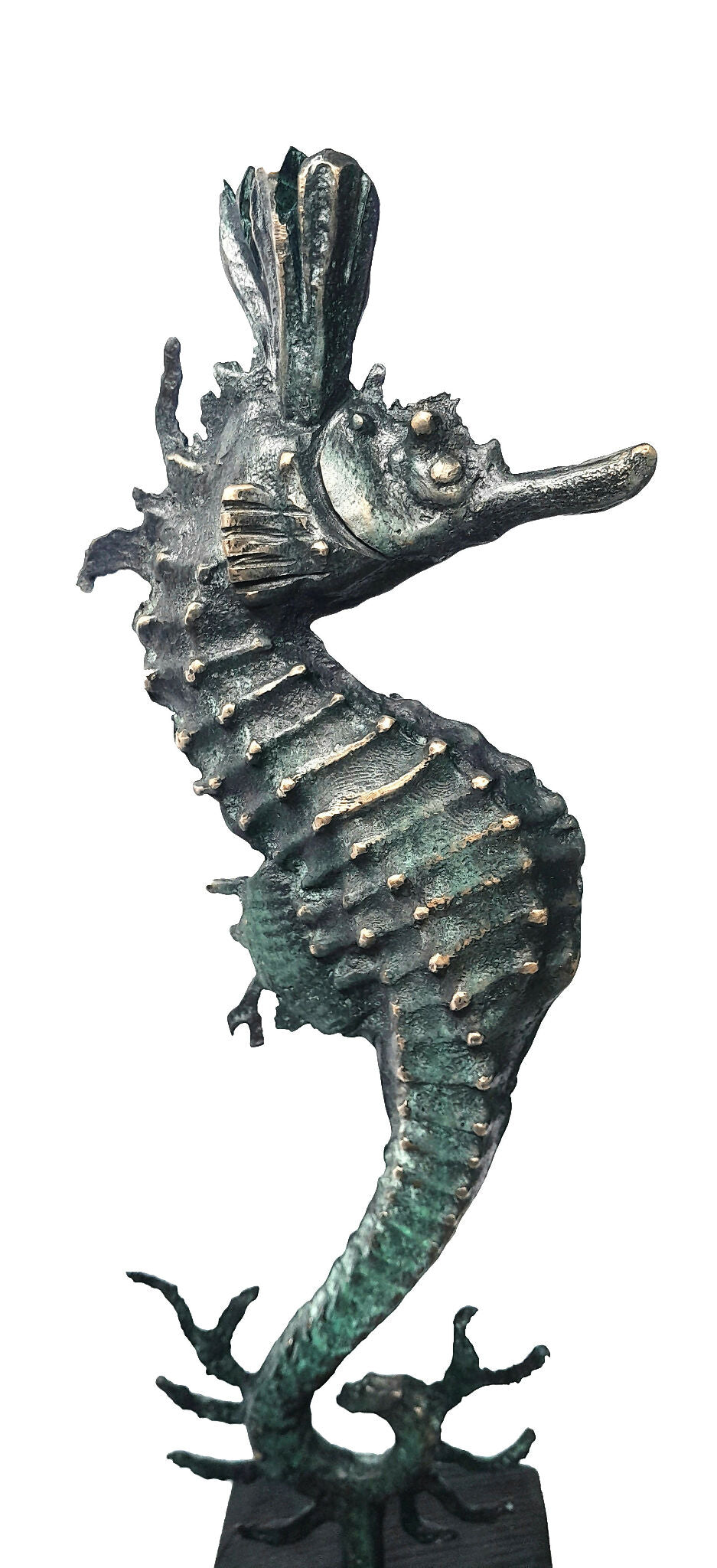 Sculpture d’hippocampe en métal patiné vert foncé, gros plan tête et abdomen