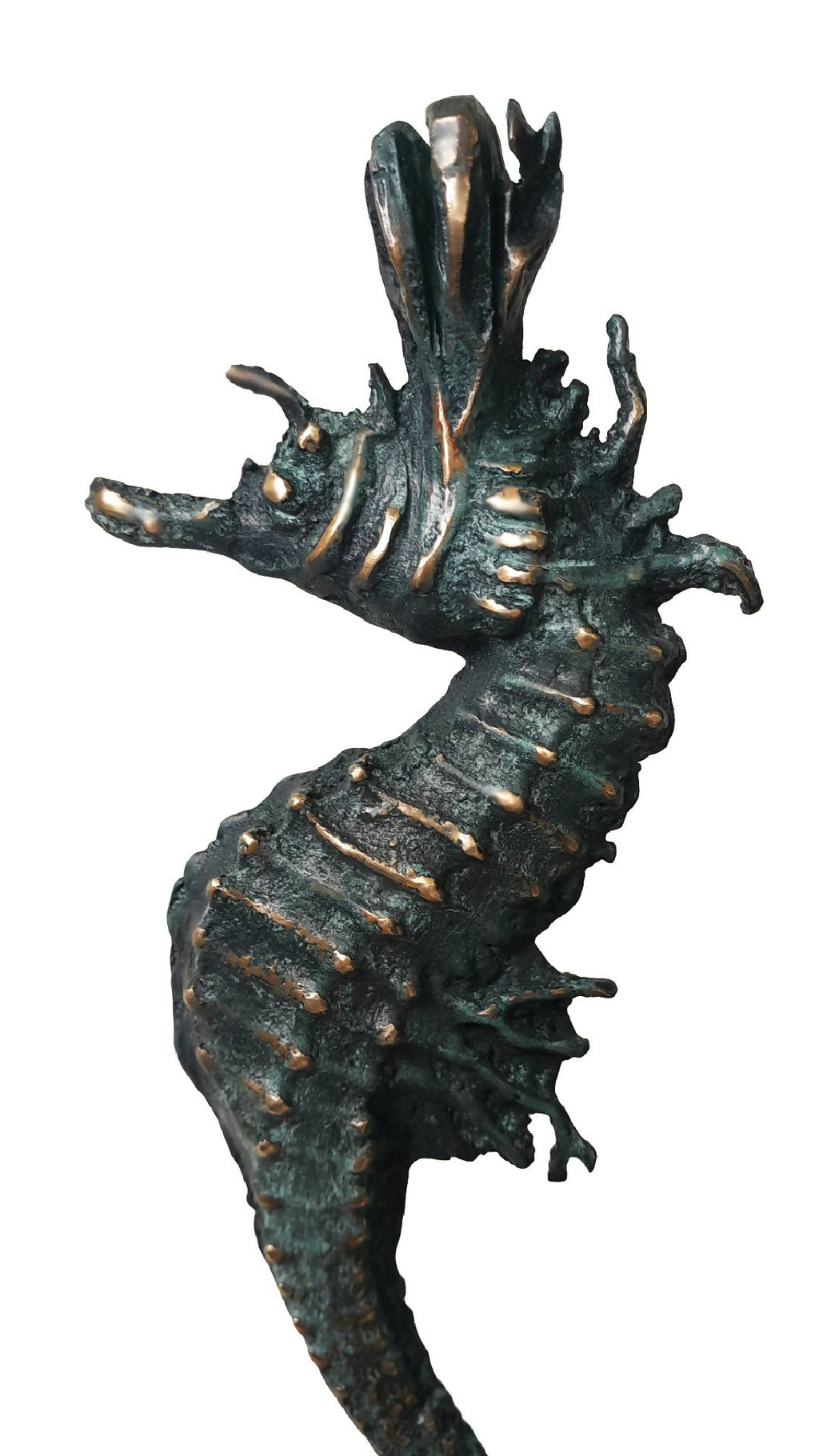 Statue d’hippocampe en métal patiné vert sombre, gros plan du dos et des nageoires