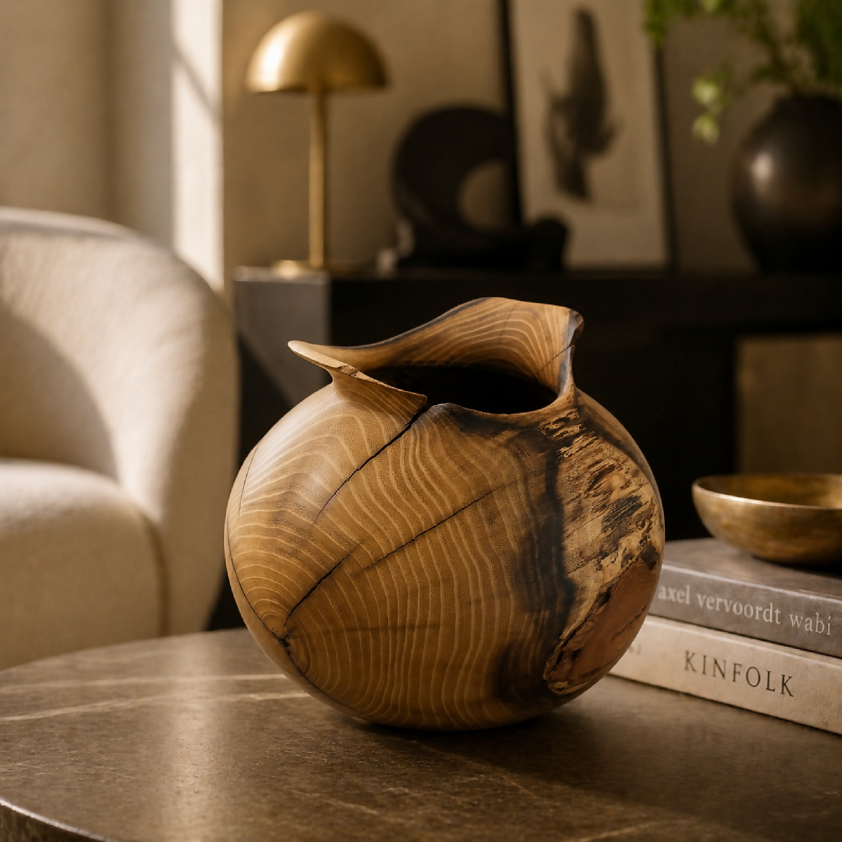 Vase en bois sculpté, forme arrondie, rainures du grain visibles et ouverture.