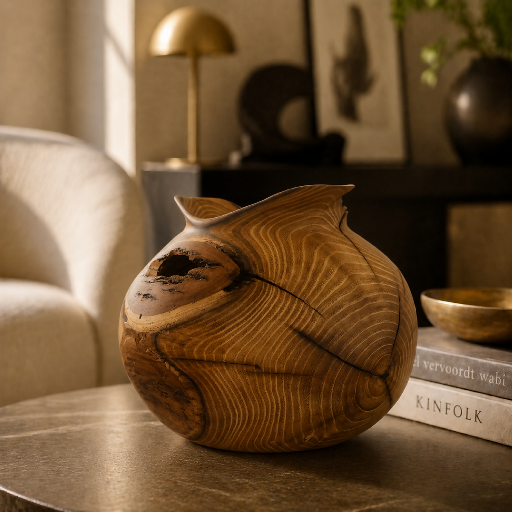Vase en bois sculpté, surface veinée, ouverture noire et éclats bruns visibles.