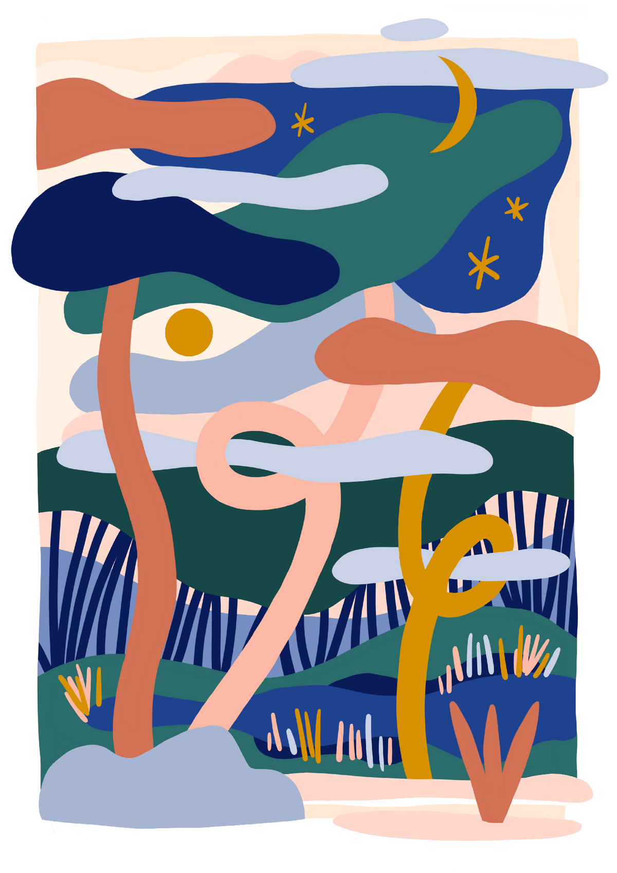 Affiche abstraite sans cadre, grandes formes bleu nuit, vert et orange, croissant et étoiles.