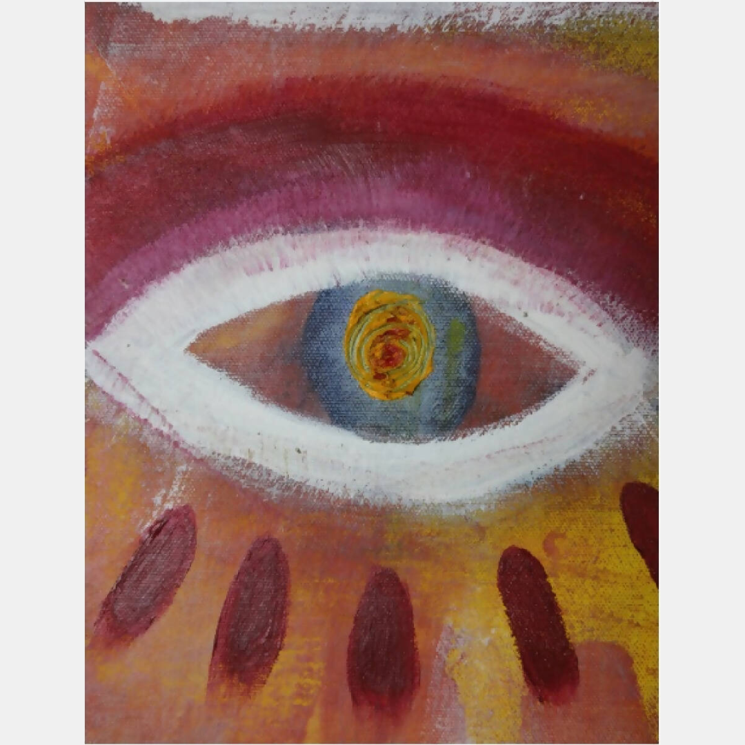 Illustration abstraite : œil stylisé aux tons rouge, jaune et violet