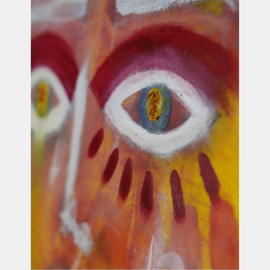 Gros plan d’une illustration à motif d’œil abstrait, rouge, orange et jaune.