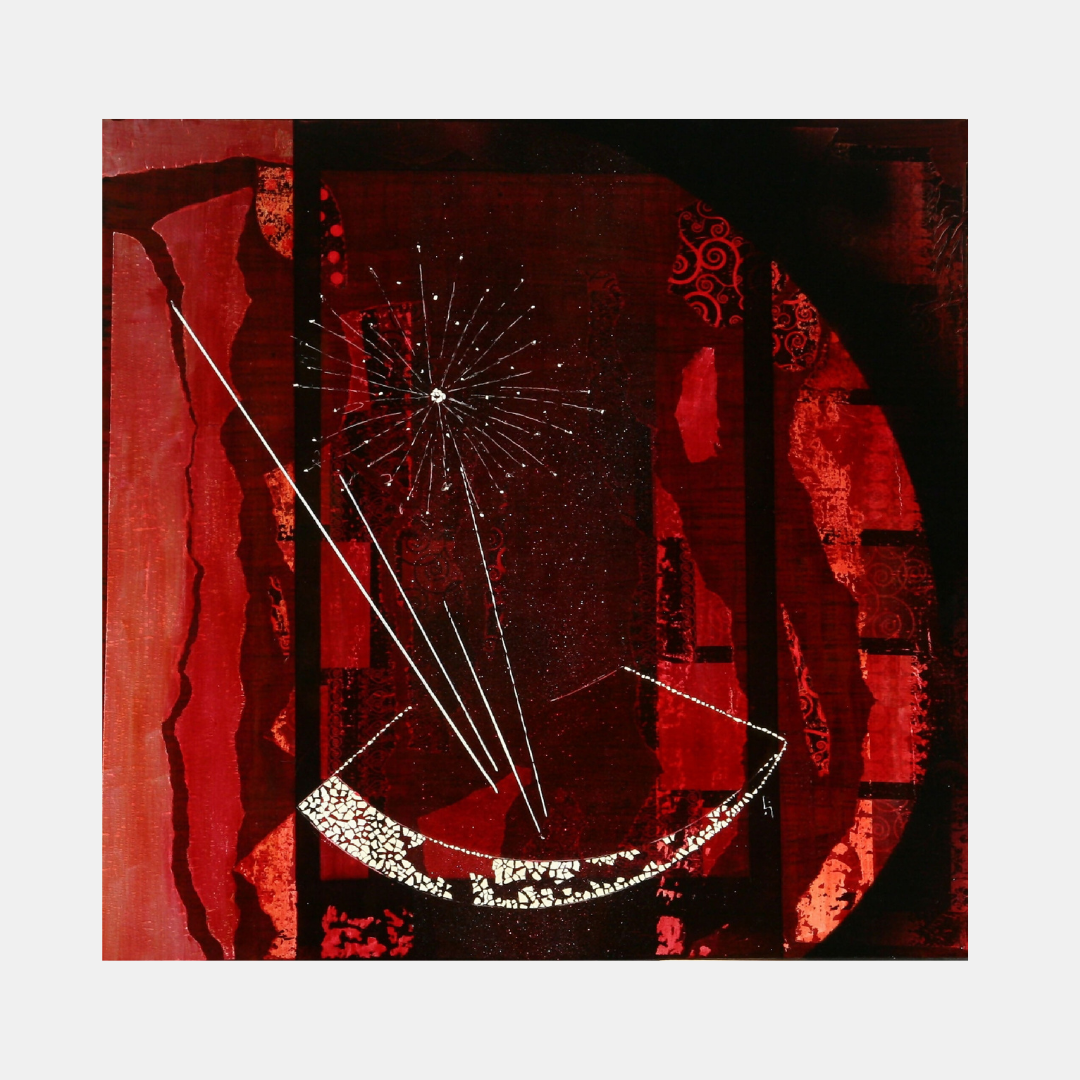 Peinture abstraite rouge et noire en rectangle, motif pissenlit en lignes blanches et demi-lune.
